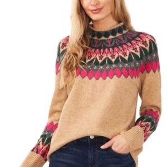 Cece “Fair Isle” Latte Heather Nordic Knit Sweater Soft Camel Pink Camel Preppy - Picture 1 of 8